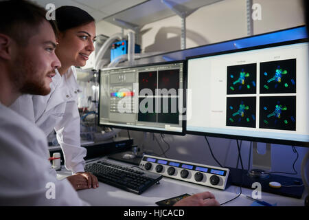 Scientists in laboratory using computer Stock Photo