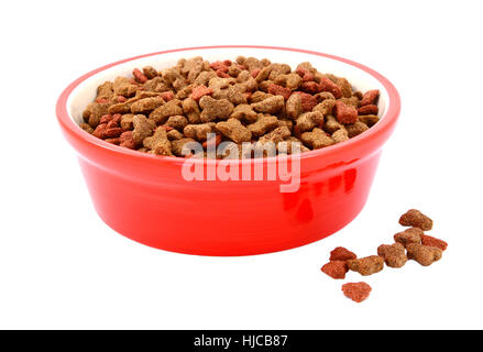 Dry cat food in a red bowl, some biscuits spilled beside, isolated on a white background Stock Photo