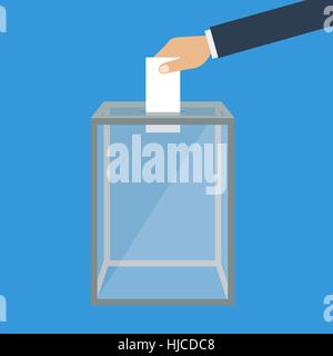 Voting, election concept. Vector illustration flat design style. Transparent glass box. Man holds in his hand bulletin, puts in ballot box. Stock Vector