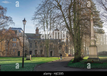 A man cycles through a park in Suffolk in East Anglia, UK, lit by winter morning sunshine. Stock Photo