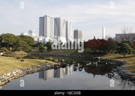 General view of Hamarikyu Gardens (japanese: Hama-rikyu onshi teien) in Chuo district, Tokyo, Japan. Stock Photo