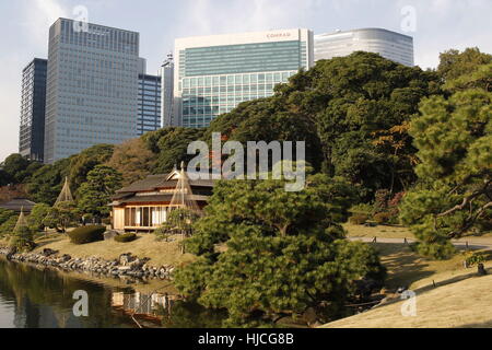 General view of Hamarikyu Gardens (japanese: Hama-rikyu onshi teien) in Chuo district, Tokyo, Japan. Stock Photo