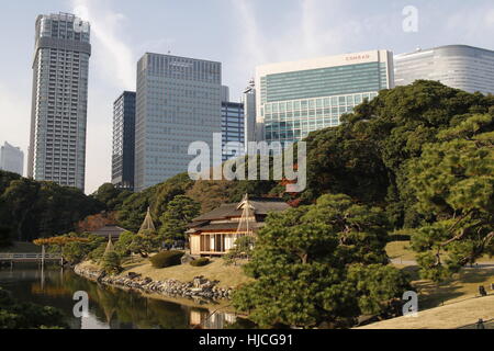 General view of Hamarikyu Gardens (japanese: Hama-rikyu onshi teien) in Chuo district, Tokyo, Japan. Stock Photo