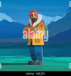 Man with logs in the winter mountains. Stock Vector