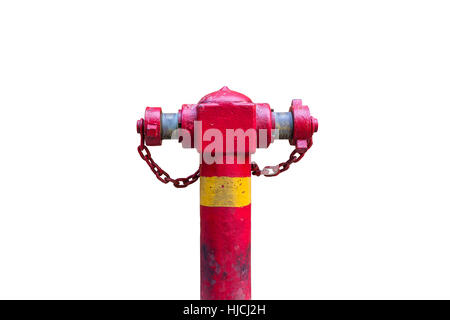 Weathered Red Fire Hydrant with Chain, Stained Fire Hydrant Isolated on white background, grungy rusty fire hydrant with yellow tab Stock Photo