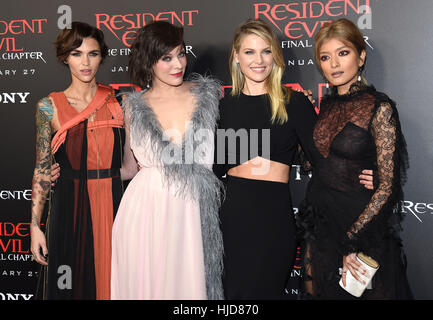 L-R) Resident Evil: The Final Chapter Cast - Fraser James, Ruby Rose,  Milla Jovovich, Director Paul W.S. Anderson, William Levy, Ali Larter, Rola  and Eoin Macken arrives at the Resident Evil: The