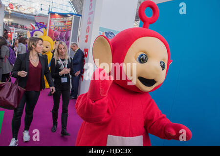 London, UK. 24th Jan, 2017. The Teletubbies celebrate their 20th anniversary - The London Toy Fair opens at Olympia exhibition centre. Organised by the British Toy and Hobby Association it is the only dedicated toy, game and hobby trade exhibition in the UK. It runs for three days, with more than 240 exhibiting companies ranging from the large internationals to the new start up companies. London 24/01/17 Credit: Guy Bell/Alamy Live News Stock Photo