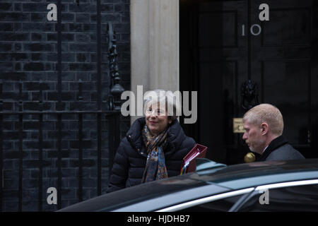 London, UK. 25th January, 2017. Prime Minister Theresa May smiles as she leaves Downing Street Credit: Louise Wateridge/ZUMA Wire/Alamy Live News Stock Photo