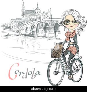 Vector cute girl rides a bicycle in Cordoba Stock Vector