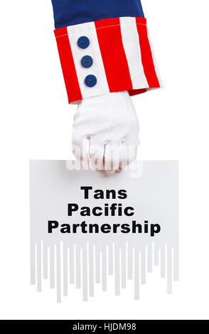 Uncle Sam Shredding TPP Agreement Isolated on White. Stock Photo