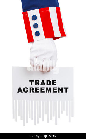 Uncle Sam Shredding Trade Agreement Isolated on White. Stock Photo