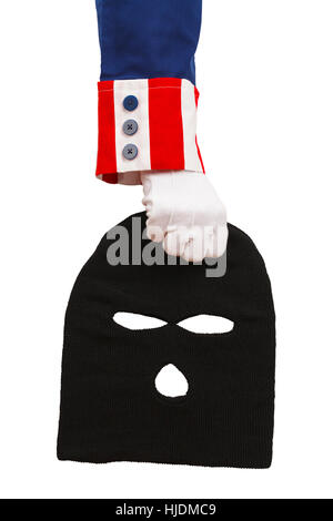 President Holding a Black Ski Mask Isolated on White Background. Stock Photo
