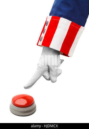 President About to Push Red Button Isolated on White. Stock Photo