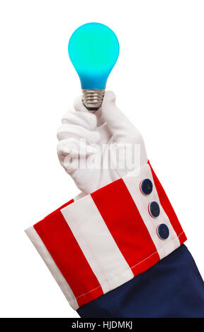 Uncle Sam Holding Blue Light Bulb Isolated on White. Stock Photo