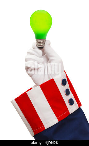 President Holding Green Light Bulb Isolated on White. Stock Photo