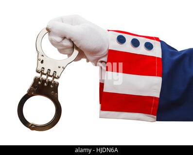 President Holding Handcuffs Isolated on White Background. Stock Photo