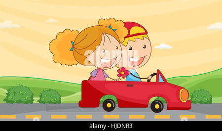 little boy driving red sports car vector illustration