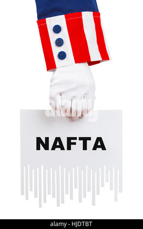 Uncle Sam Shredding NAFTA Document Isolated on White. Stock Photo