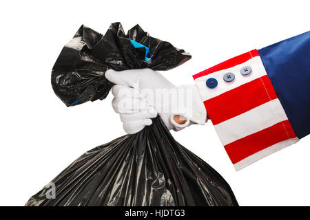 President Holding a Bag of Trash Isolated on White Background. Stock Photo