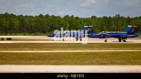 Blue angel planes taxing on the runway after having landed at their home base in Pensacola Florida Stock Photo