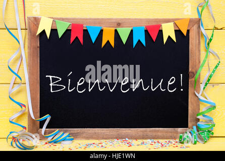 Chalkboard With Streamer, Bienvenue Means Welcome Stock Photo