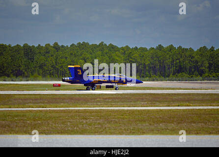 Blue angel planes taxing on the runway after having landed at their home base in Pensacola Florida Stock Photo