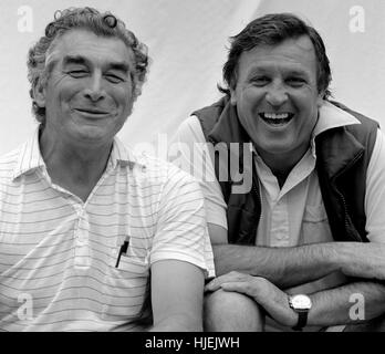AJAXNETPHOTO. 2ND JUNE,1984. PLYMOUTH, ENGLAND. - OSTAR 1984 - OBSERVER EUROPE 1 SINGLE-HANDED TRANSATLANTIC RACE - (L-R) TRAVACREST SEAWAY SKIPPER PETER PHILIPS (UK) - PETER PHILIPS WAS FORMERLY POLICE SERGEANT - WITH LEGENDARY ENGLISH YACHTING  JOURNALIST BOB FISHER. PHOTO:JONATHAN EASTLAND/AJAX   REF:84 2 Stock Photo