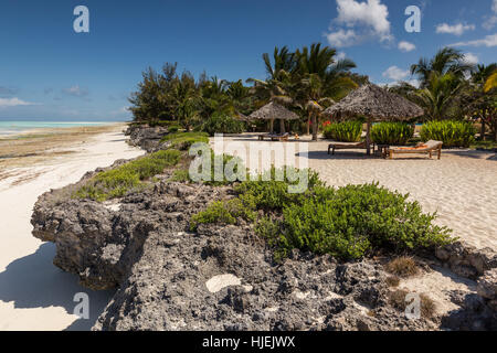 Sandy beach with sunshades and sunbeds on a small cliff, blue sky, indian ocean, hotel resort, sunny day in October, Zanzibar,Tanzania, Africa Stock Photo