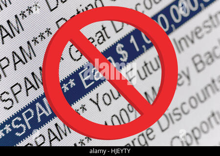 Spam Folder Listing And Red Prohibition Sign, Junk Concept Macro Closeup Stock Photo