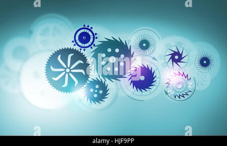Mechanism of metal gears and cogwheels on blue background Stock Photo ...