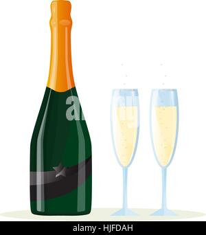 Champagne green  bottle with glasses of sparkling champagne wine . Objects are isolated . Vector flat illustration . Stock Vector