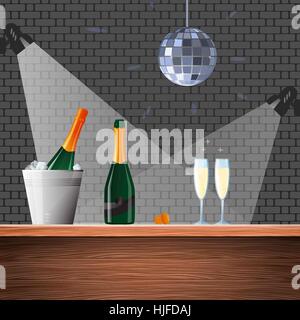 Champagne bottles in a bucket with ice and glasses of sparkling wine on the bar counter. Flat vector illustration. Stock Vector