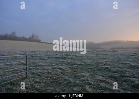 Early morning view over frost covered field, Sunny Hill, Bruton, Somerset, England Stock Photo