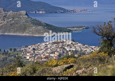 Panoramic view to Perdika village in Aegina island in the Saronic gulf, one hour voyage for Piraeus and Athens Greece Stock Photo