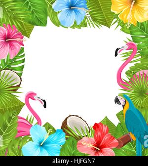 Exotic tropical summer frame with palm leaves and patterned background ...