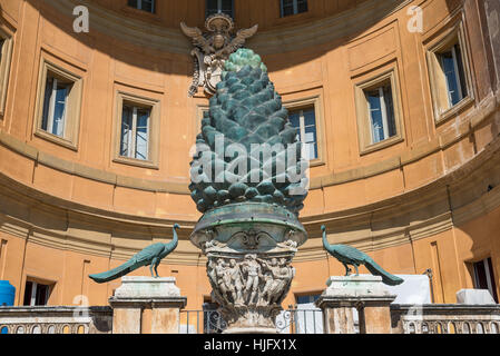 1st-century Roman bronze Pigna ('pine cone') in front of  Cortile della Pigna,Vatican museum, Rome, Italy, Europe Stock Photo