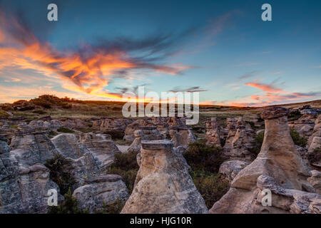 Sunset over the Hoodoo badlands at Writing on Stone Provincial Park and Áísínai'pi National Historic Site in Alberta, Canada. Stock Photo