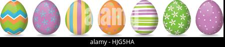 Banner with seven pastel colored glossy painted easter eggs with different patterns Stock Vector