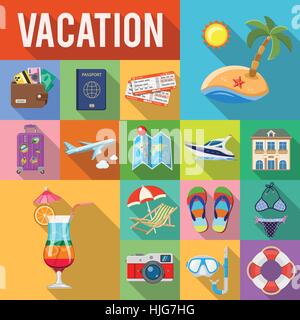 Vacation and Tourism Flat Icons Set Stock Vector