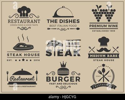 Set of logo & insignia design for Restaurant, Steak house, Wine, Burger, Food menu, Stamp, Letter press | Vector illustration resize able and free fon Stock Vector