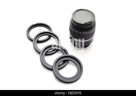 lenses with adapter rings on white background Stock Photo