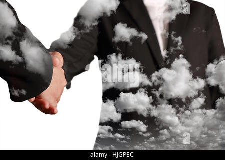 Double exposure of handshake, clouds and sky as Cloud Computing Network concept. Stock Photo