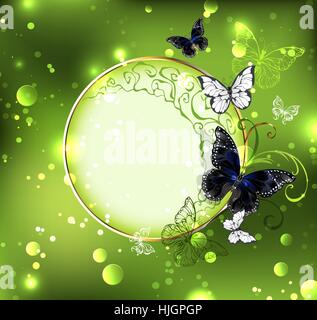 Round Jewelry banner with black and white butterflies on a green glowing, grass background. Design with butterflies. Trendy color. Stock Vector