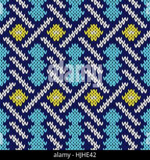 Intertwining geometric lines in blue, white and yellow hues over light blue background, seamless knitting vector pattern as a fabric texture Stock Vector