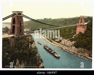 Clifton suspension bridge from the north east cliffs, Bristol, England   - Photochrom XIXth century Stock Photo