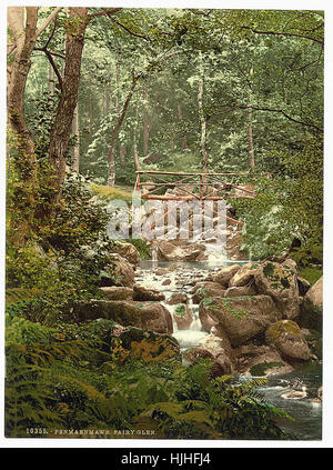 Fairy Glen Waterfall, the bridge, Penmaenmawr, Wales  - Photochrom XIXth century Stock Photo