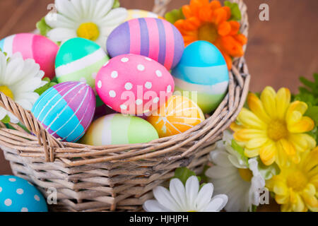 A basket filled with colourful hand-painted Easter eggs. Stock Photo