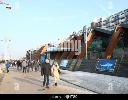 Tourists walking on Scheveningen Boulevard. Sea Life Aquarium at  Scheveningen - Den Haag (The Hague), Netherlands Stock Photo