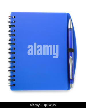 Top view of blue notebook and pen isolated on white Stock Photo