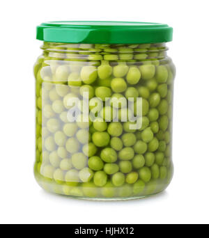 Glass jar of green peas isolated on white Stock Photo